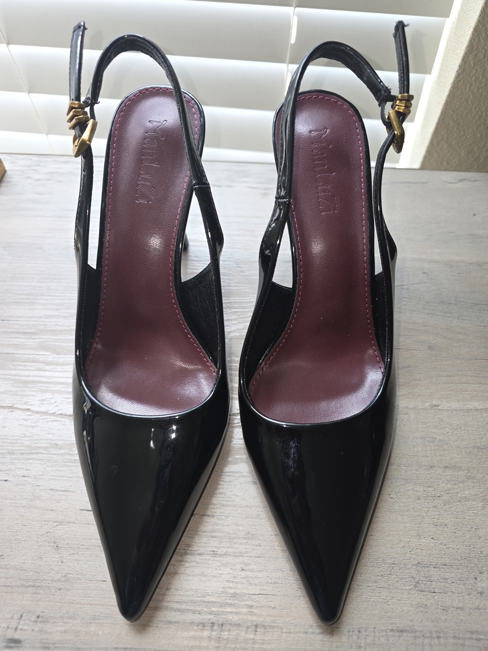 Pointed Black Patent Slingback Heels with Burgundy Insole